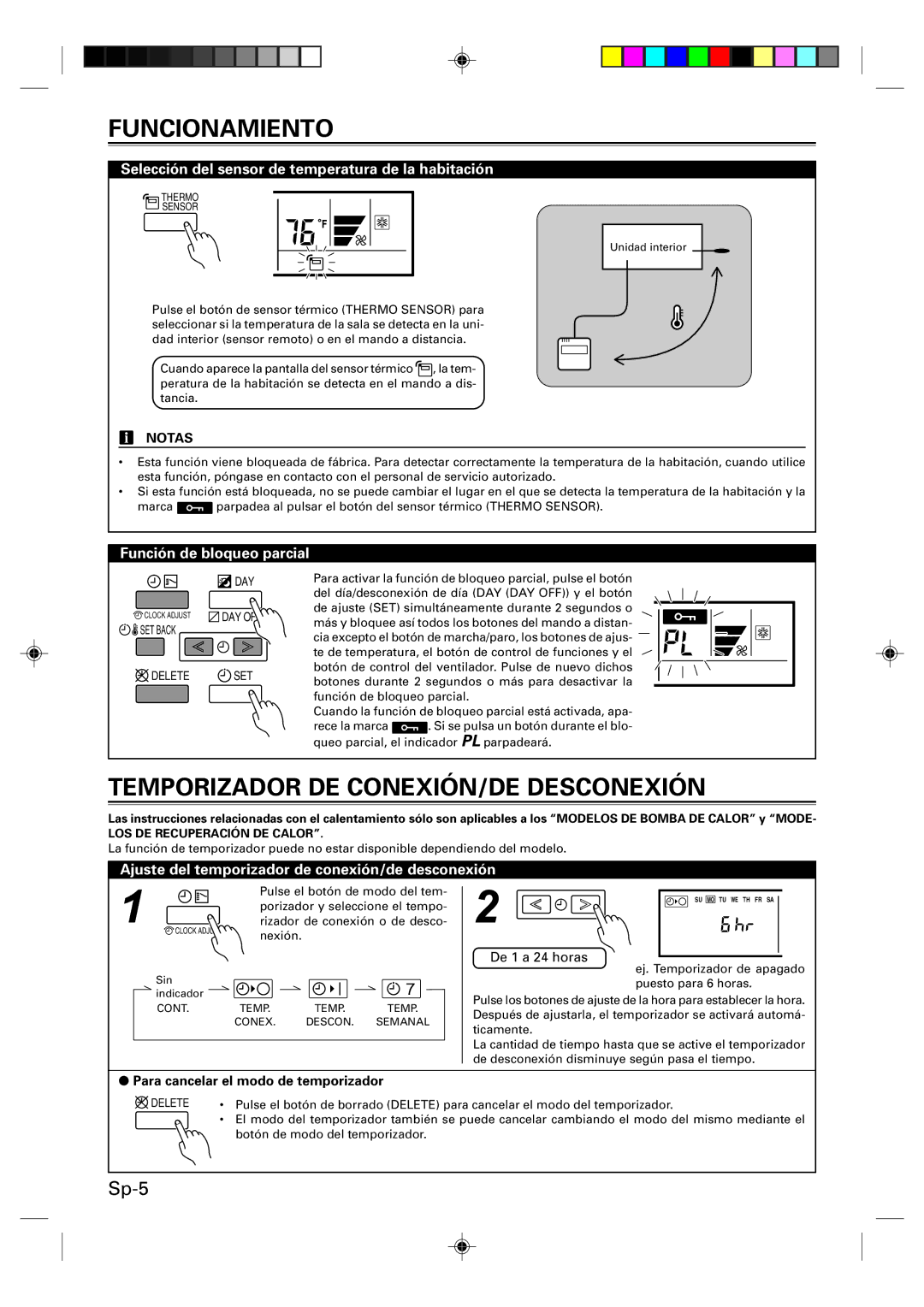 Fujitsu UTB-UUB manual Temporizador DE CONEXIÓN/DE Desconexión, Selección del sensor de temperatura de la habitación 