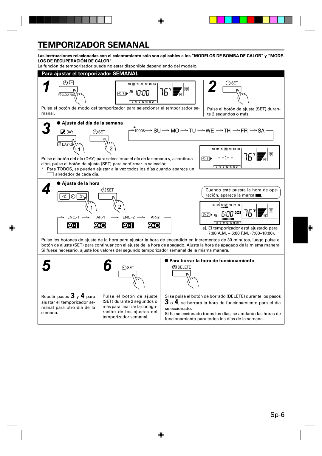 Fujitsu Remote Controller, UTB-UUB Temporizador Semanal, Para ajustar el temporizador Semanal, Ajuste del día de la semana 