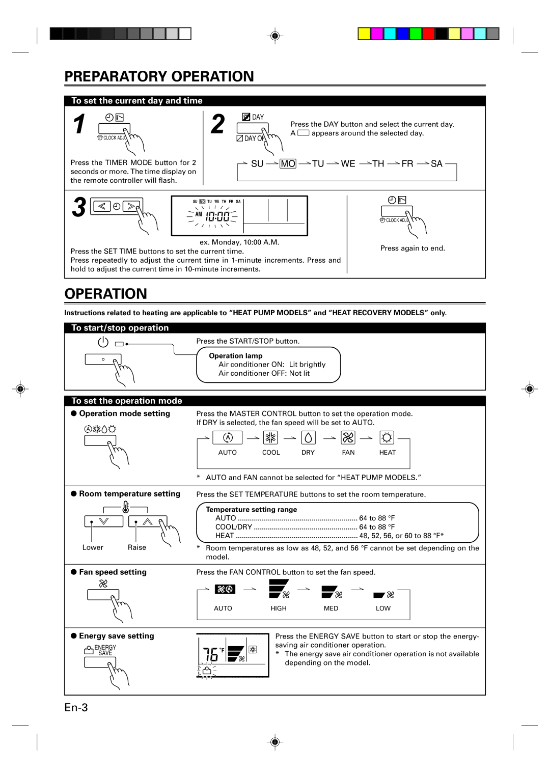 Fujitsu UTB-UUB Preparatory Operation, To set the current day and time, To start/stop operation, To set the operation mode 