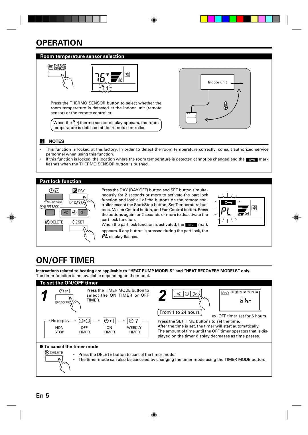 Fujitsu UTB-UUB manual ON/OFF Timer, Room temperature sensor selection, Part lock function, To set the ON/OFF timer 