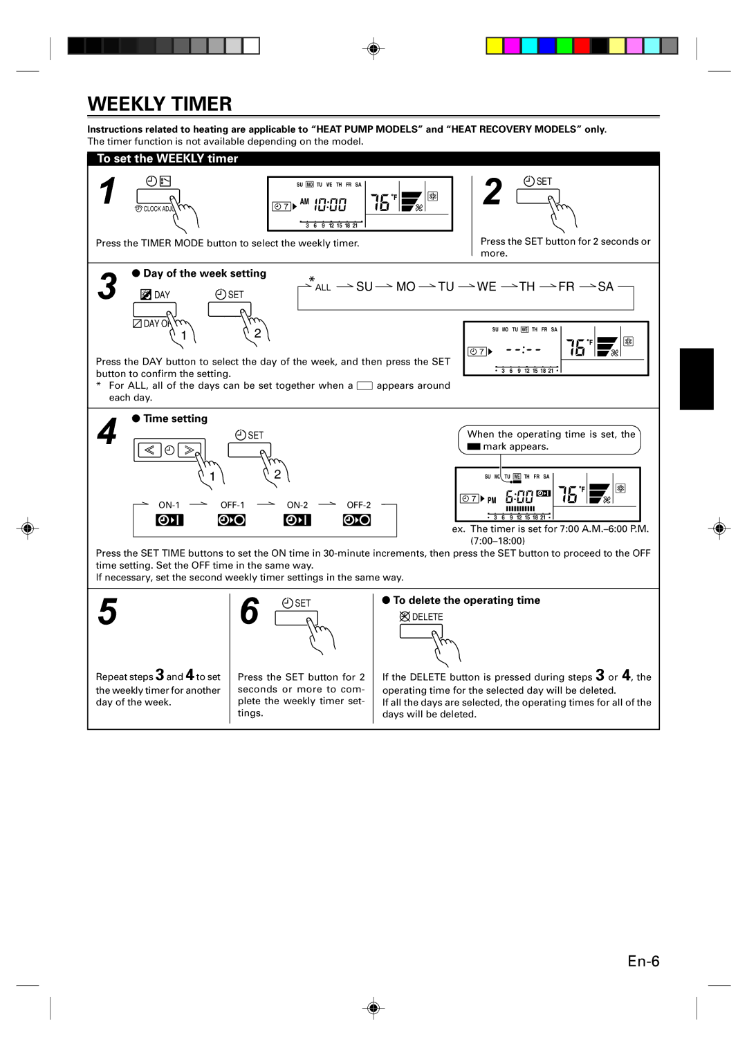 Fujitsu Remote Controller, UTB-UUB manual Weekly Timer, To set the Weekly timer, Day of the week setting, Time setting 