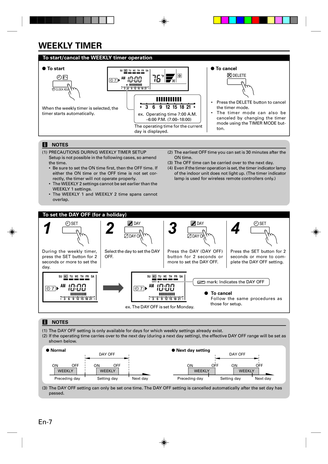 Fujitsu UTB-UUB, Remote Controller To start/cancal the Weekly timer operation, To set the DAY OFF for a holiday, To cancel 