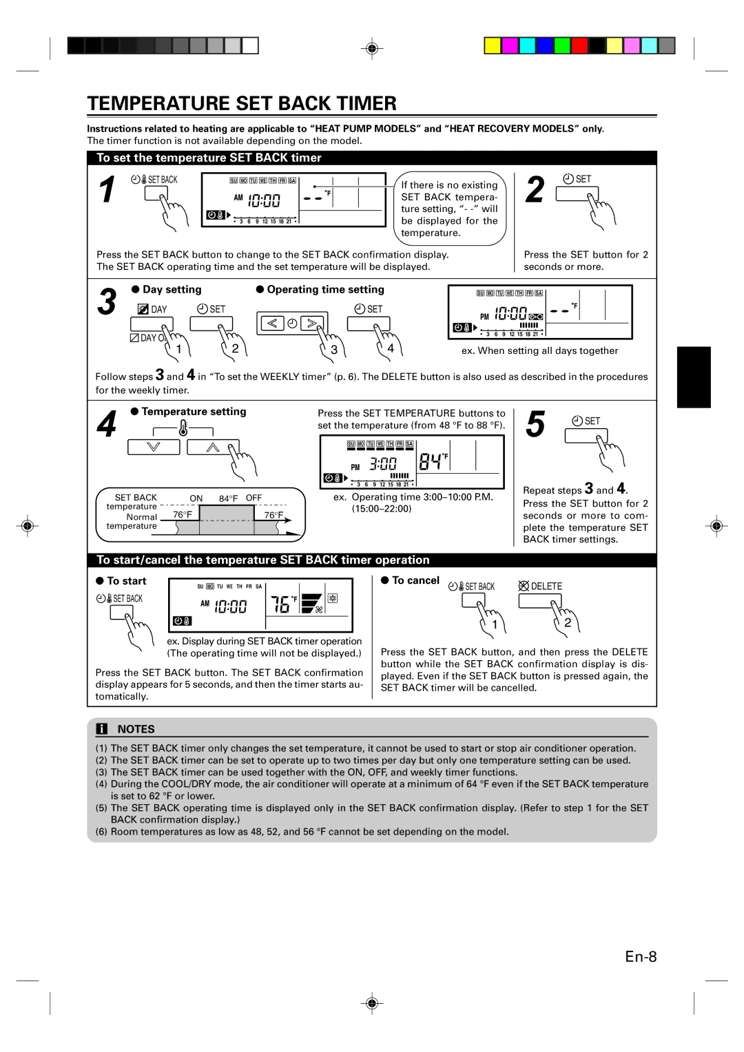 Fujitsu Remote Controller, UTB-UUB Temperature SET Back Timer, To set the temperature SET Back timer, Temperature setting 