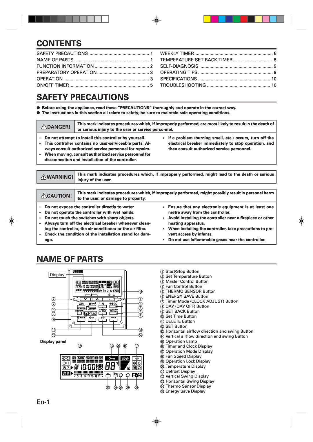 Fujitsu UTB-UUB, Remote Controller manual Contents, Safety Precautions, Name Of Parts, En-1, Danger 