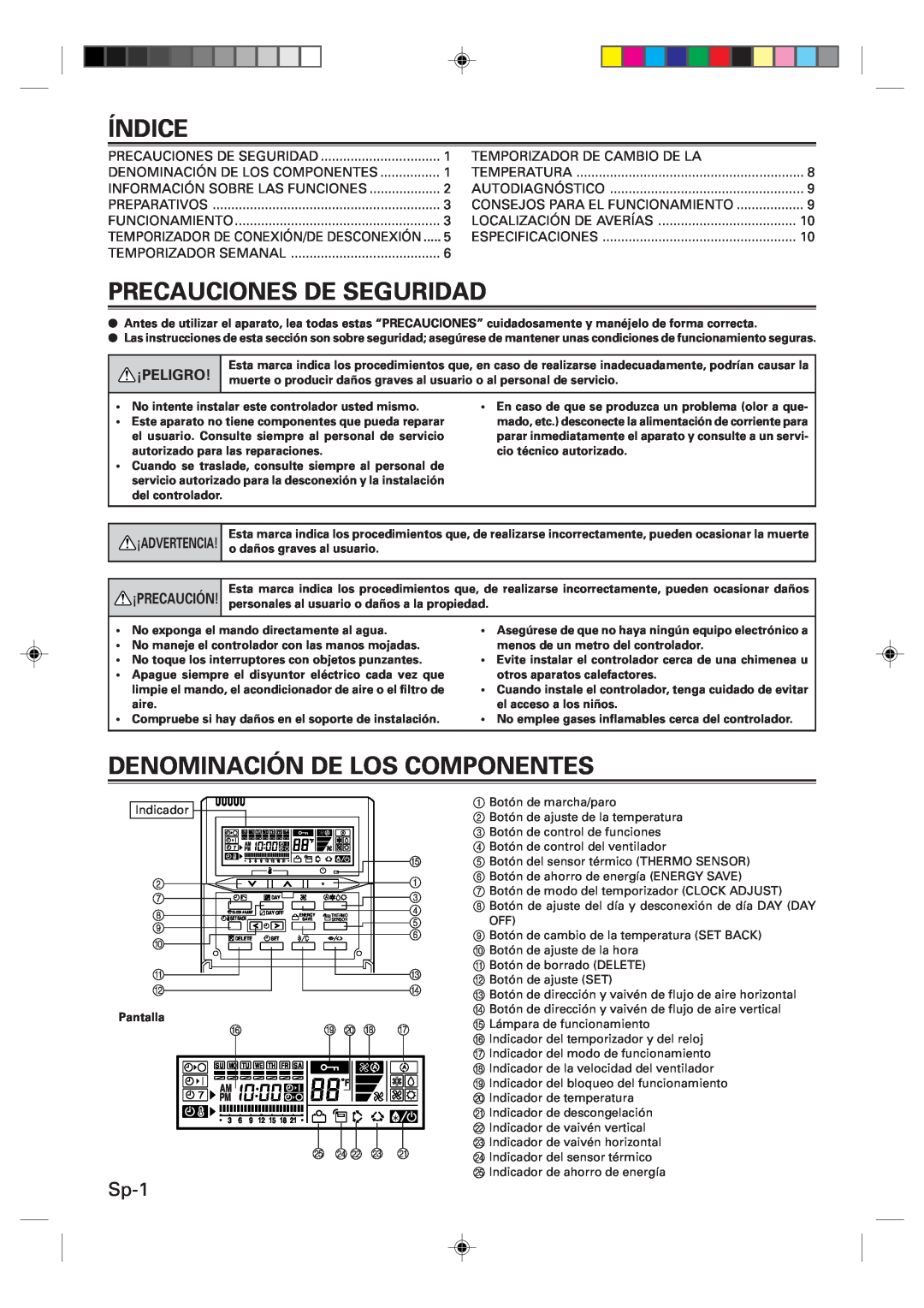 Fujitsu UTB-UUB manual Índice, Precauciones De Seguridad, Denominación De Los Componentes, Sp-1, ¡Peligro, ¡Precaución 