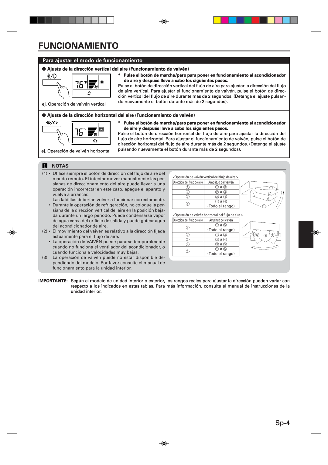 Fujitsu Remote Controller, UTB-UUB manual Sp-4, Ajuste de la dirección vertical del aire Funcionamiento de vaivén, Notas 