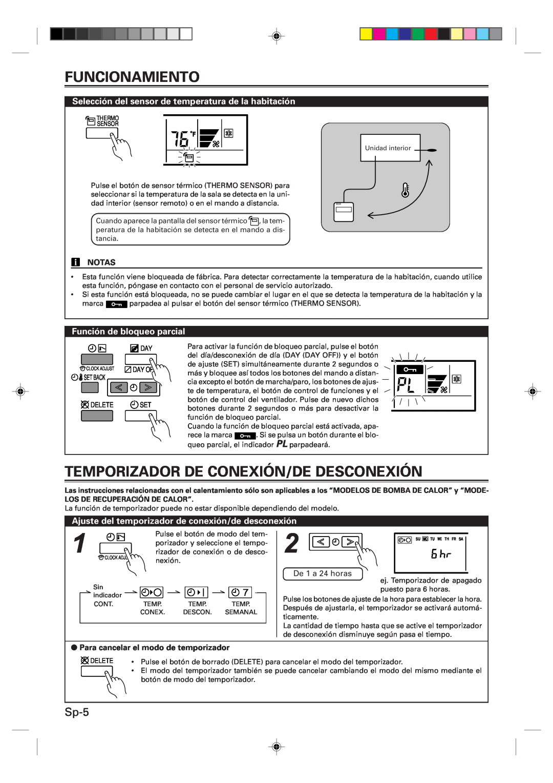 Fujitsu UTB-UUB Temporizador De Conexión/De Desconexión, Sp-5, Selección del sensor de temperatura de la habitación, Notas 