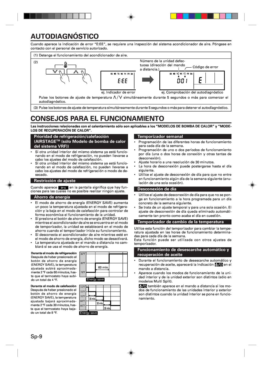 Fujitsu UTB-UUB manual Autodiagnóstico, Consejos Para El Funcionamiento, Sp-9, Restricción de ajuste, Ahorro de energía 