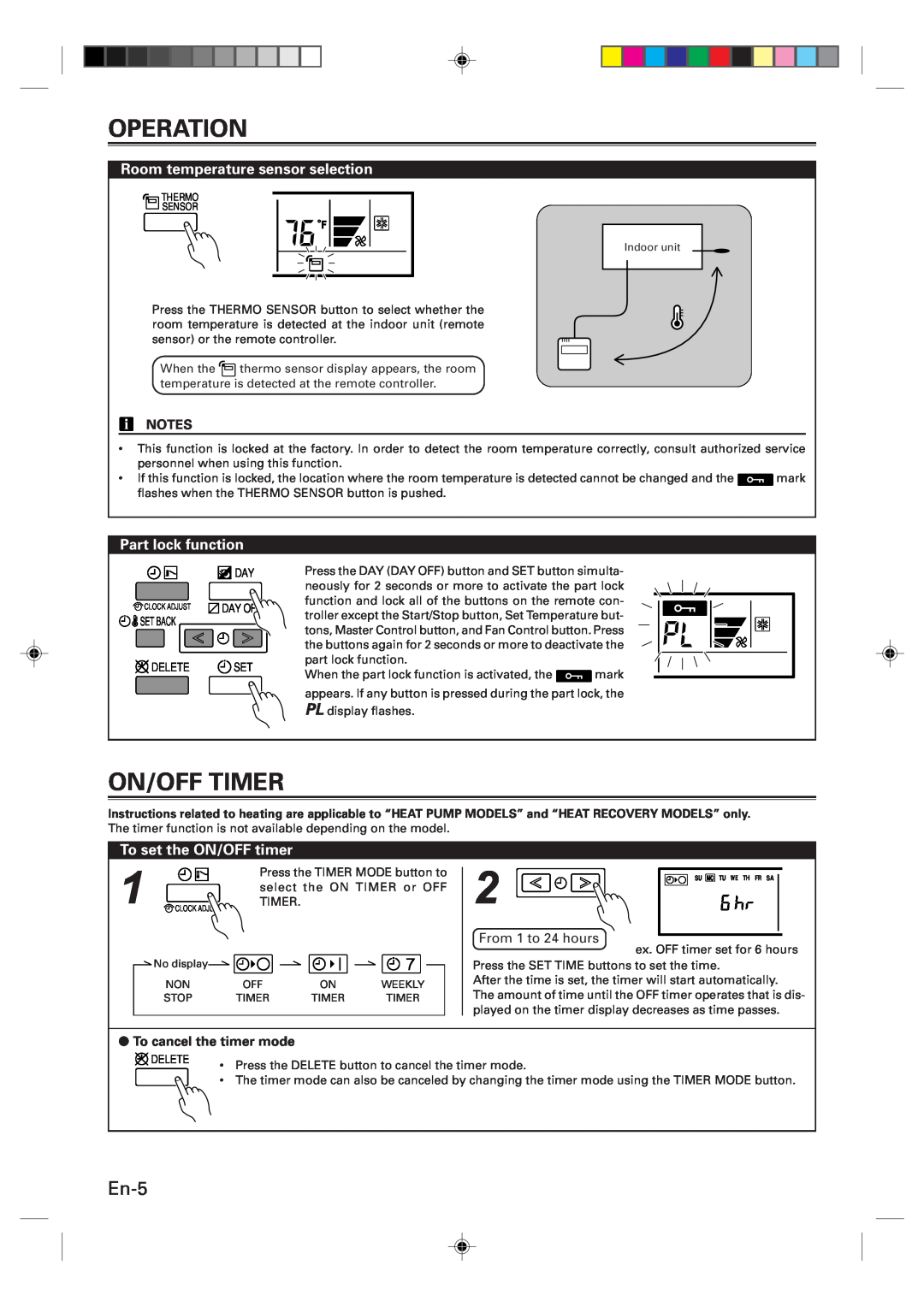 Fujitsu UTB-UUB manual On/Off Timer, En-5, Room temperature sensor selection, Part lock function, To set the ON/OFF timer 