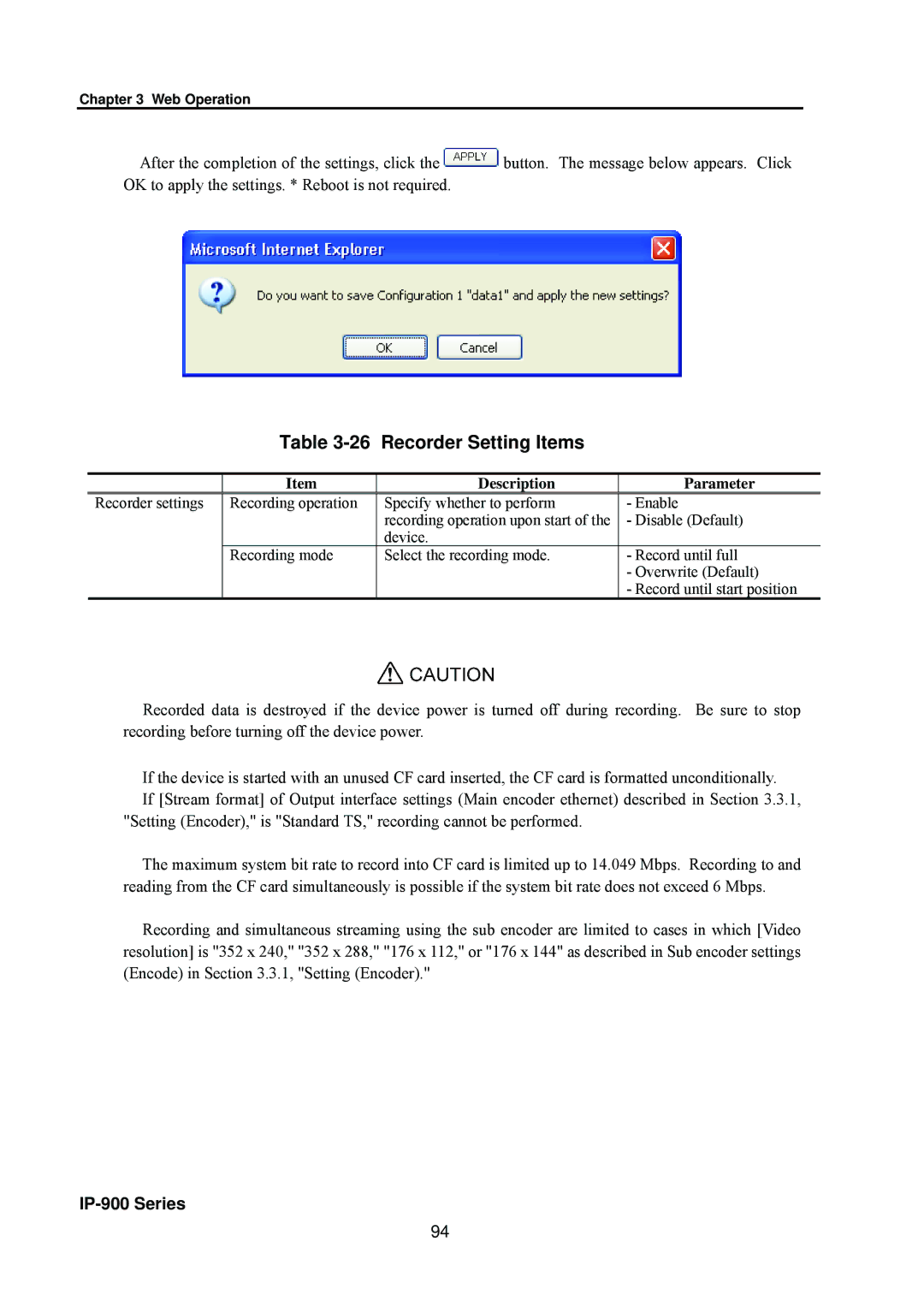 Fujitsu V01 manual Recorder Setting Items, Description Parameter 