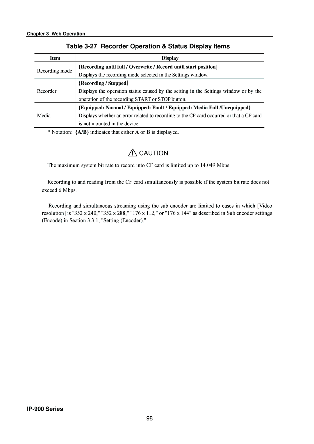 Fujitsu V01 manual Recorder Operation & Status Display Items, Recording / Stopped ｝ 