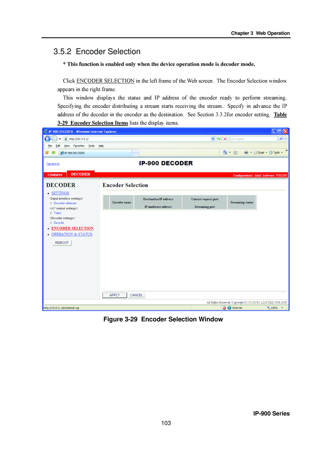 Fujitsu V01 manual Encoder Selection, 103 