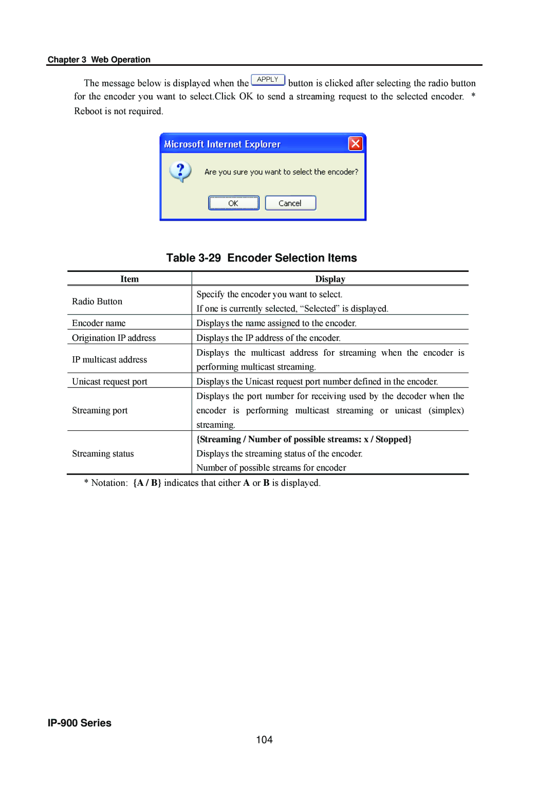 Fujitsu V01 manual Encoder Selection Items, 104, Streaming / Number of possible streams x / Stopped 