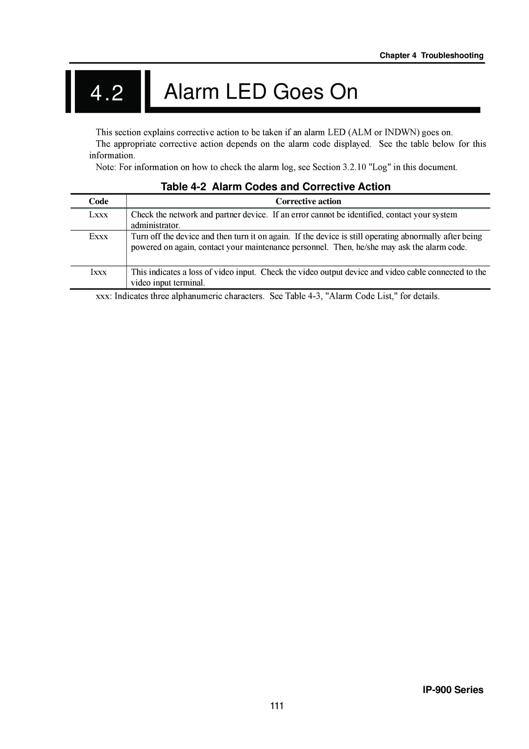 Fujitsu V01 manual Alarm LED Goes On, Alarm Codes and Corrective Action, 111 