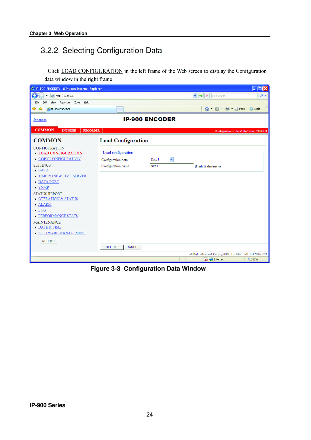 Fujitsu V01 manual Selecting Configuration Data, Configuration Data Window 