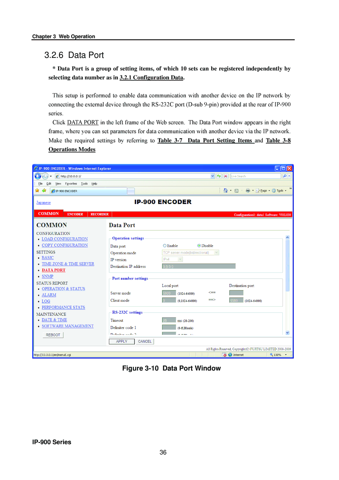 Fujitsu V01 manual Data Port Window 