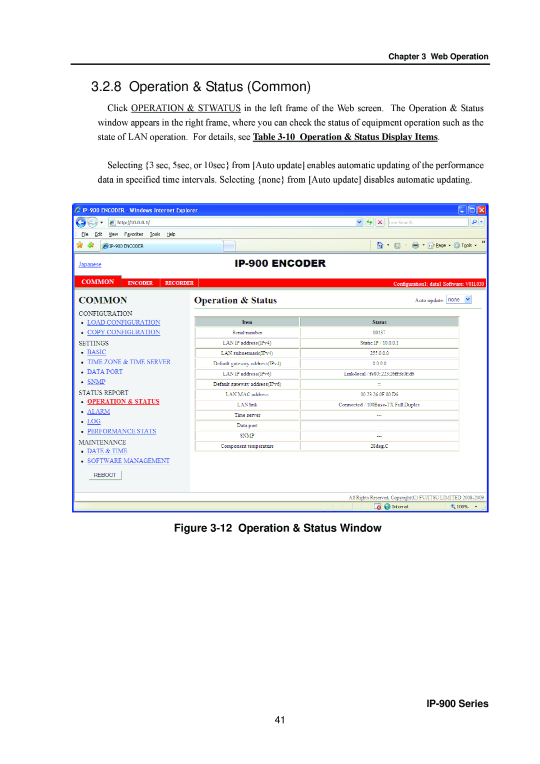 Fujitsu V01 manual Operation & Status Common, Operation & Status Window 