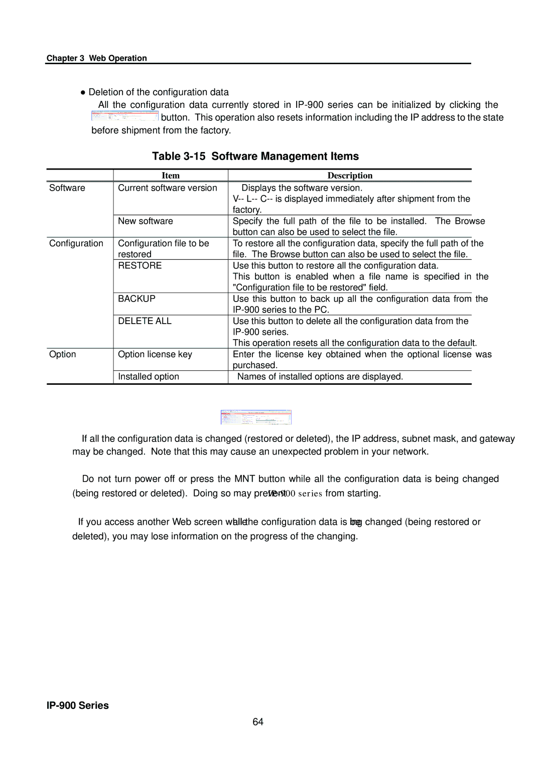 Fujitsu V01 manual Software Management Items, Restore, Backup, Delete ALL 