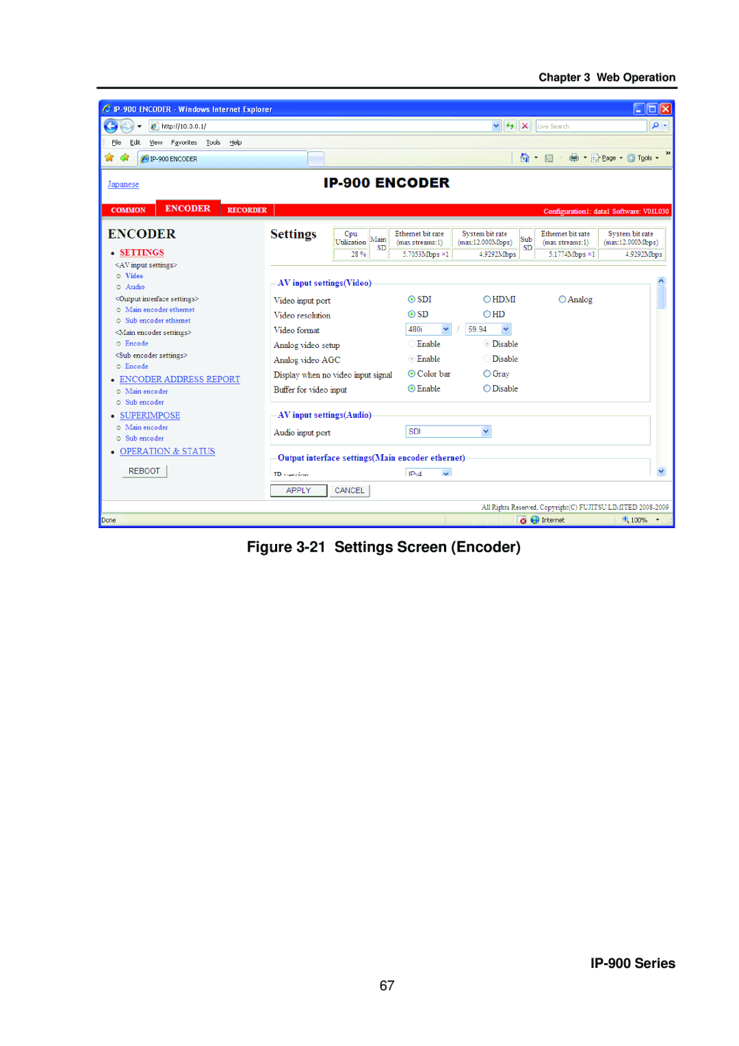 Fujitsu V01 manual Settings Screen Encoder 