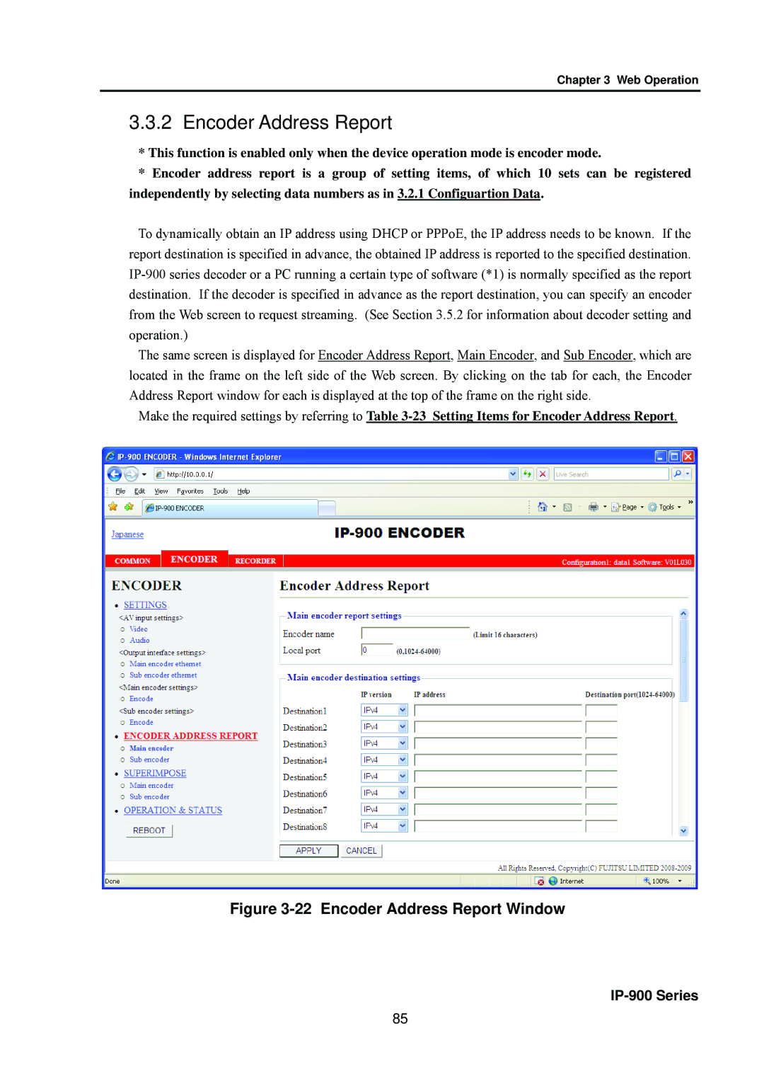 Fujitsu V01 manual Encoder Address Report Window 