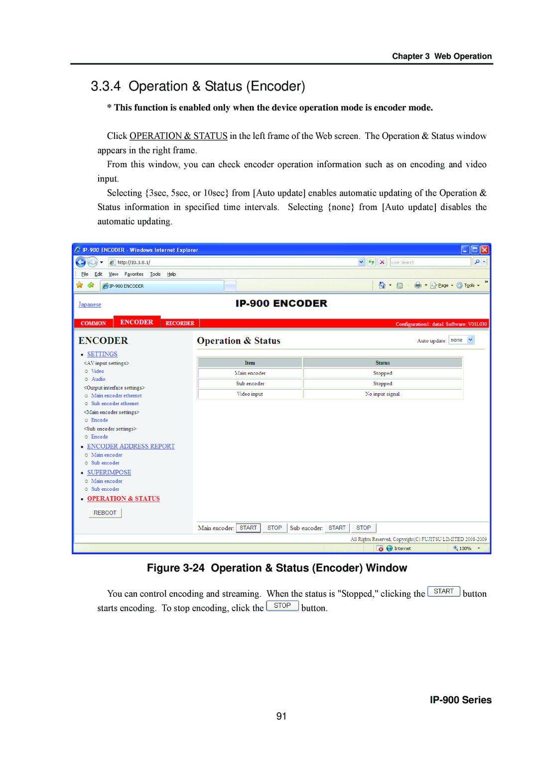 Fujitsu V01 manual Operation & Status Encoder Window 