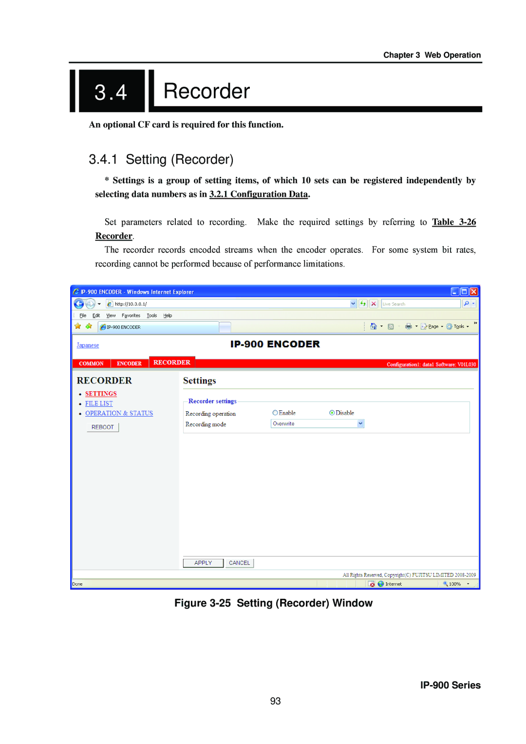 Fujitsu V01 manual Setting Recorder 