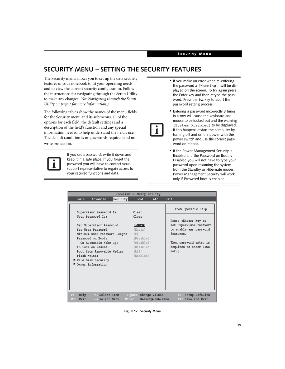 Fujitsu V1010 manual Security Menu Setting the Security Features, Boot Info Exit 