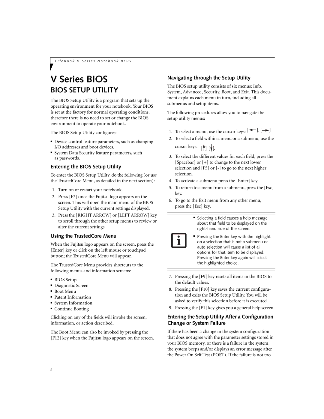 Fujitsu V1010 manual Entering the Bios Setup Utility, Using the TrustedCore Menu, Navigating through the Setup Utility 