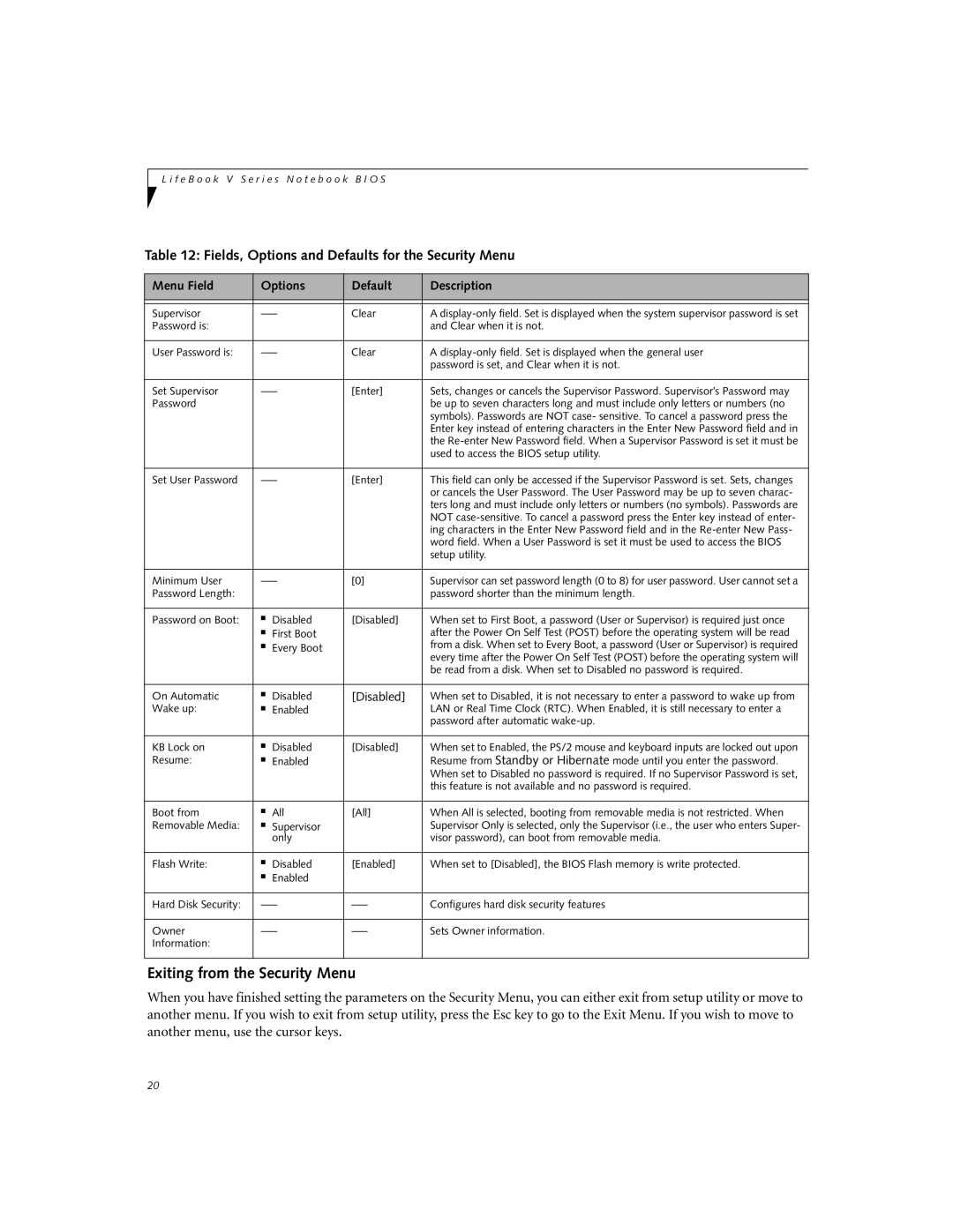 Fujitsu V1010 manual Exiting from the Security Menu, Fields, Options and Defaults for the Security Menu 