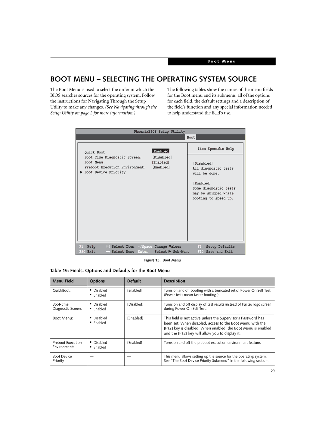 Fujitsu V1010 manual Boot Menu Selecting the Operating System Source, Fields, Options and Defaults for the Boot Menu 