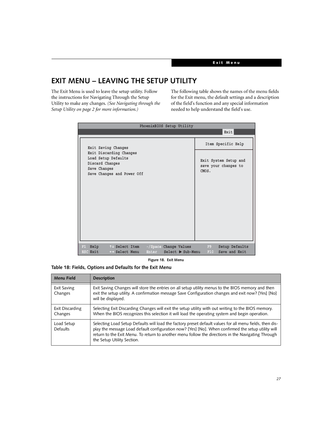 Fujitsu V1010 manual Exit Menu Leaving the Setup Utility, Fields, Options and Defaults for the Exit Menu 