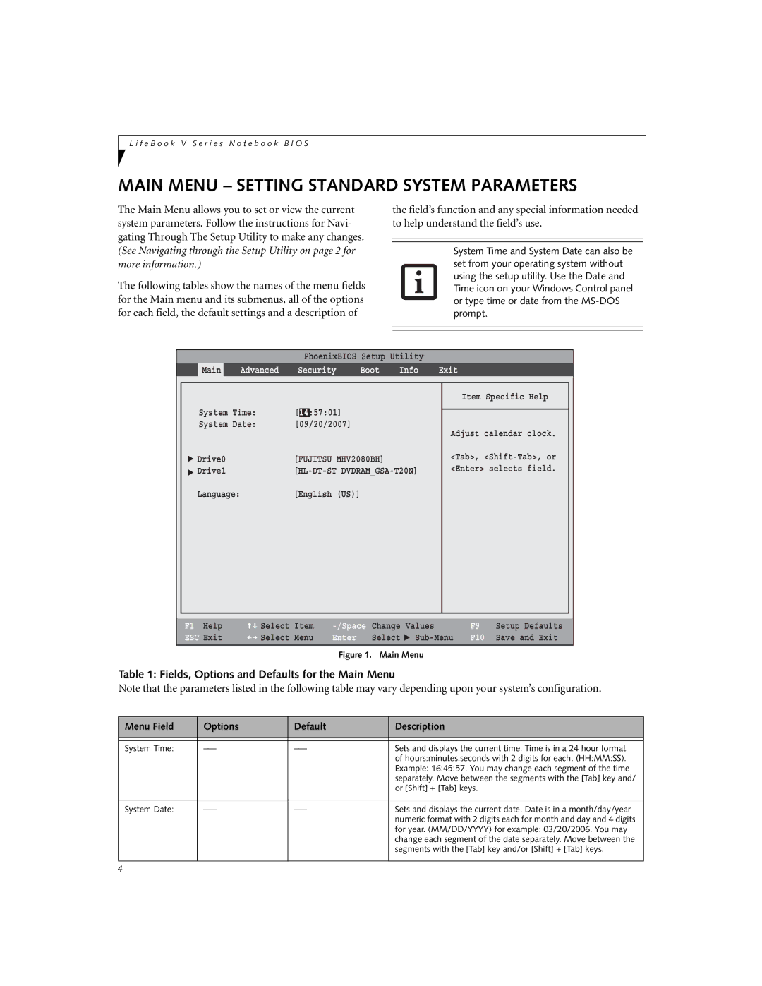 Fujitsu V1010 manual Main Menu Setting Standard System Parameters, Fields, Options and Defaults for the Main Menu 