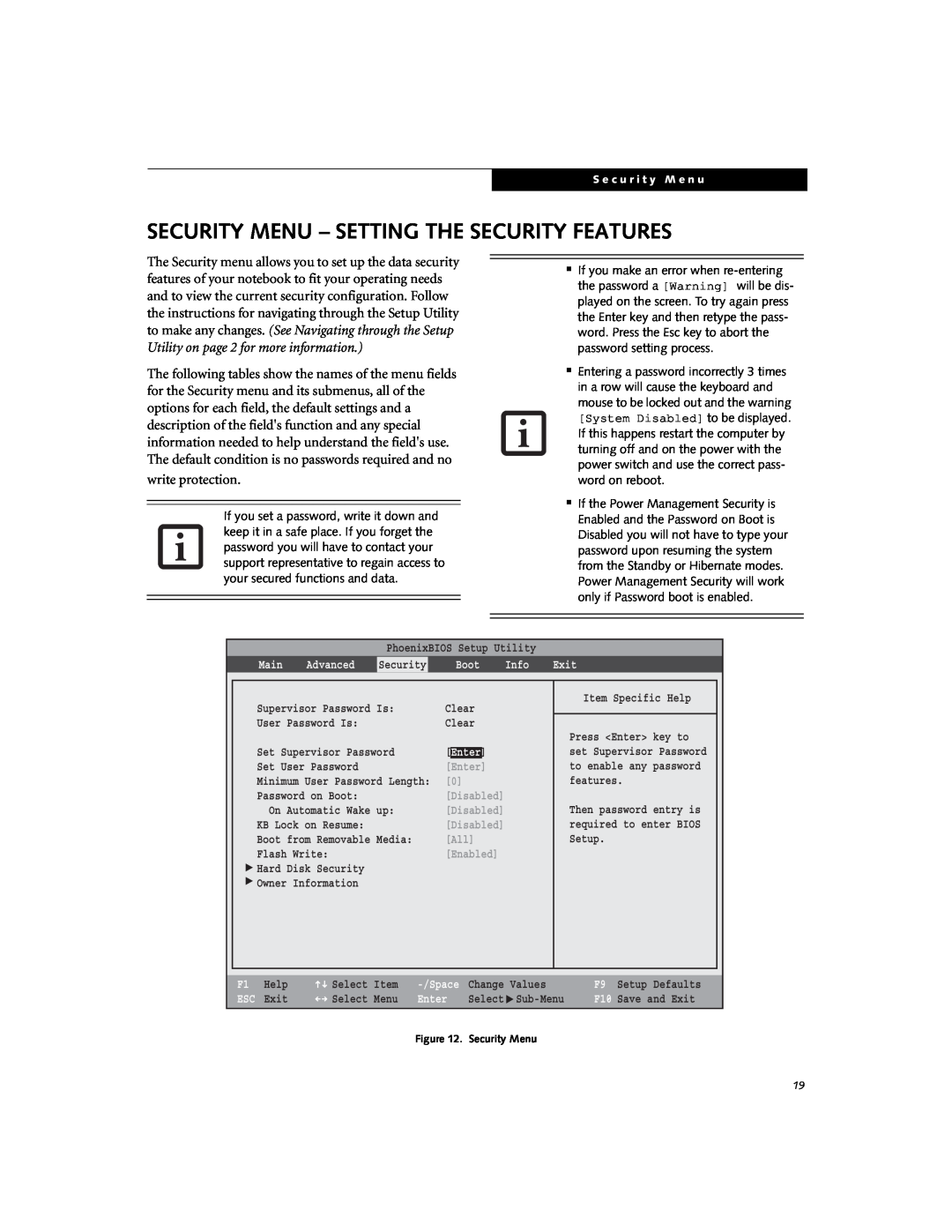 Fujitsu V1010 manual Security Menu - Setting The Security Features 