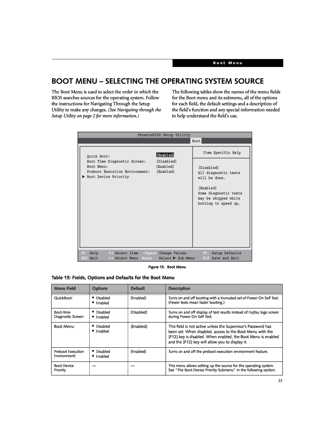Fujitsu V1010 Boot Menu - Selecting The Operating System Source, Fields, Options and Defaults for the Boot Menu, ESC Exit 