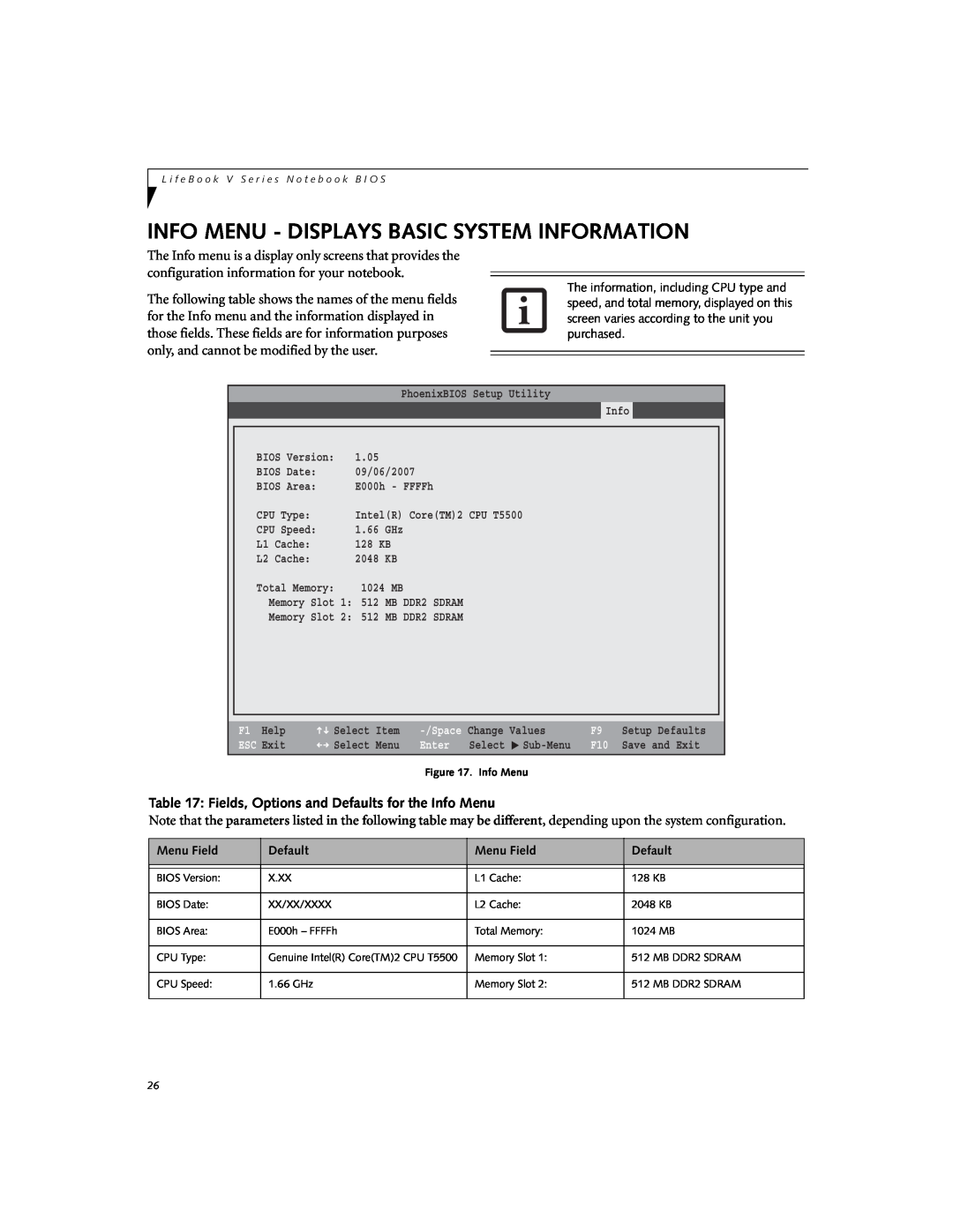 Fujitsu V1010 manual Info Menu - Displays Basic System Information, Fields, Options and Defaults for the Info Menu 