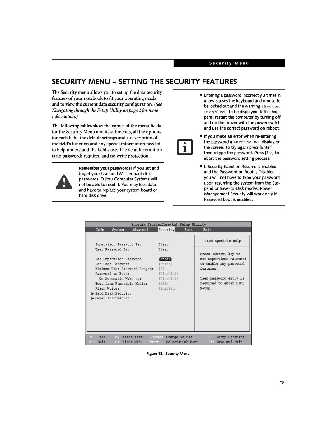 Fujitsu V700, V1020 manual Security Menu - Setting The Security Features 