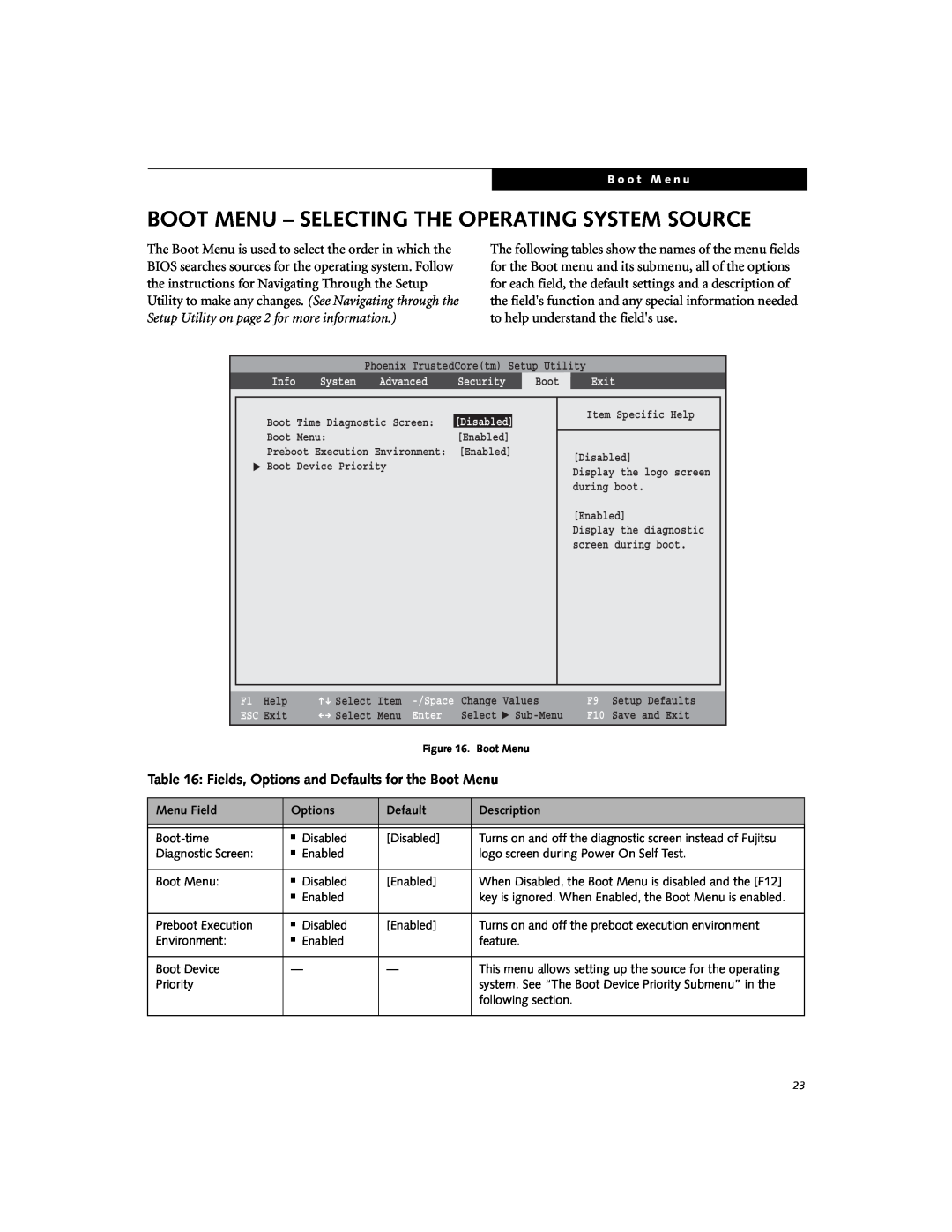 Fujitsu V700 Boot Menu - Selecting The Operating System Source, Fields, Options and Defaults for the Boot Menu, Menu Field 