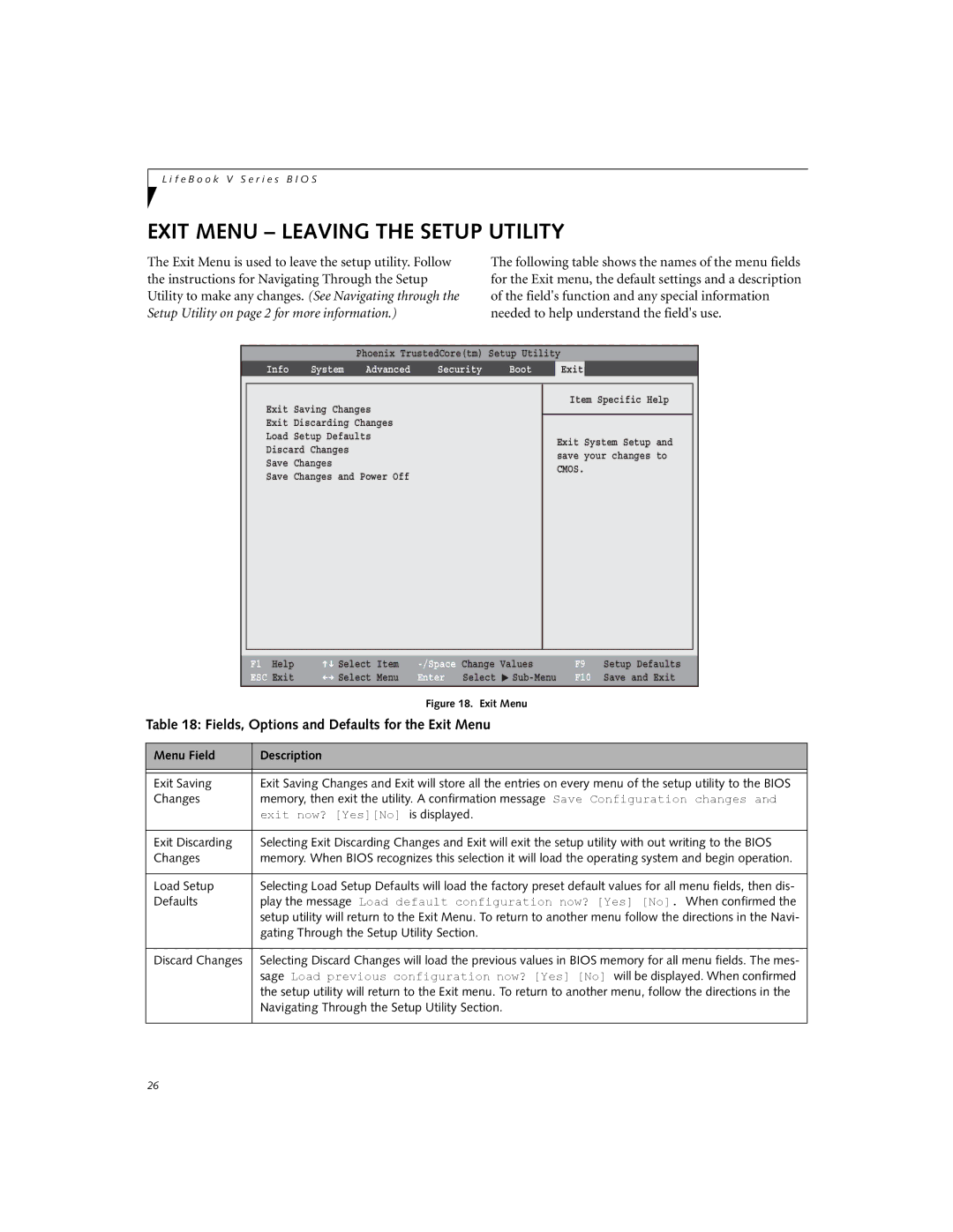 Fujitsu V1020, V700 manual Exit Menu Leaving the Setup Utility, Fields, Options and Defaults for the Exit Menu 