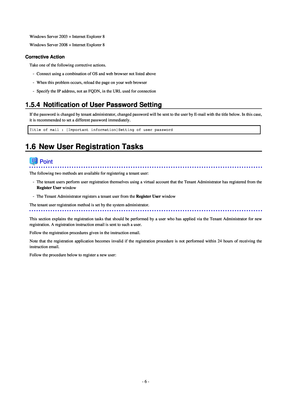 Fujitsu V3.0.0 manual New User Registration Tasks, Notification of User Password Setting, Corrective Action, Point 