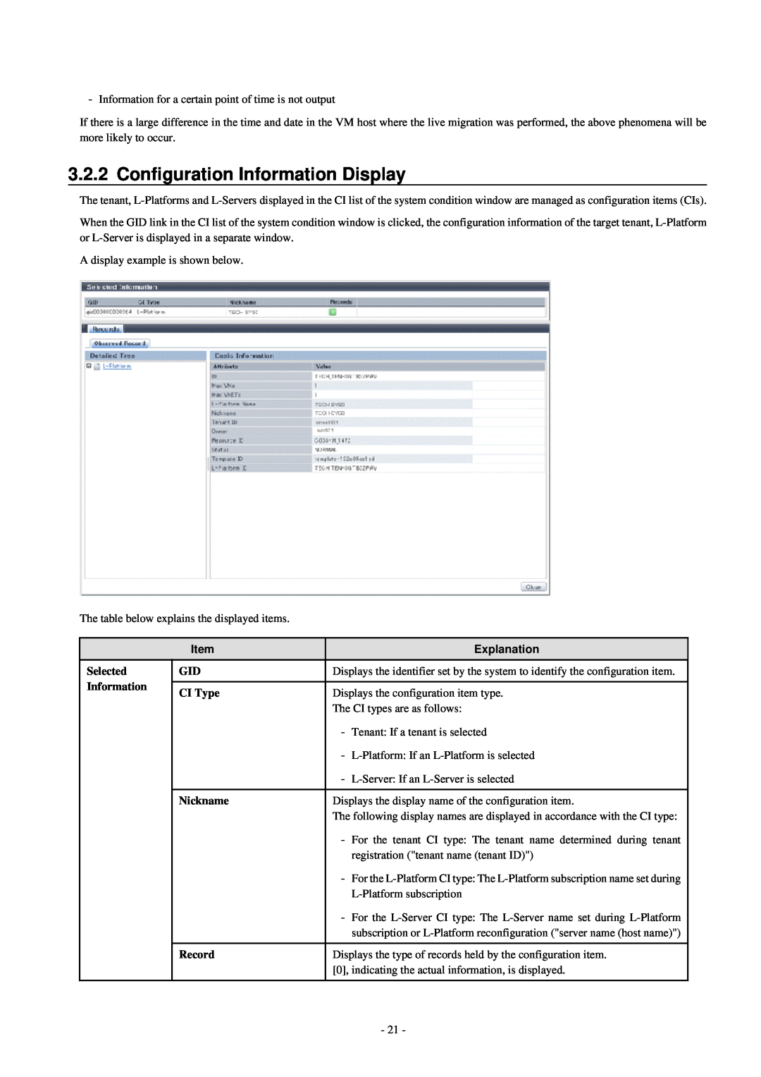 Fujitsu V3.0.0 manual Configuration Information Display, Explanation, Selected, CI Type, Nickname, Record 