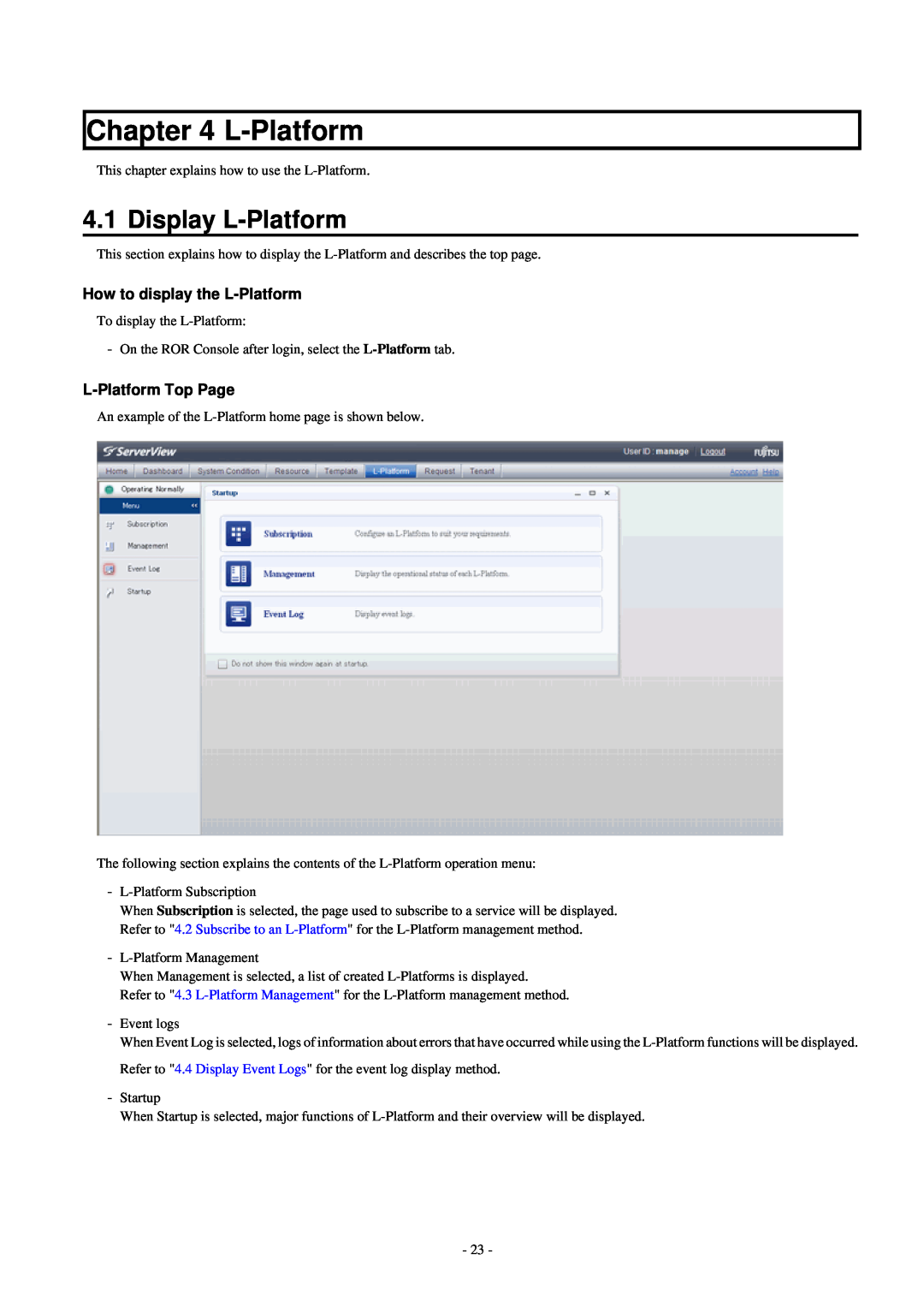 Fujitsu V3.0.0 manual Display L-Platform, How to display the L-Platform, L-Platform Top Page 