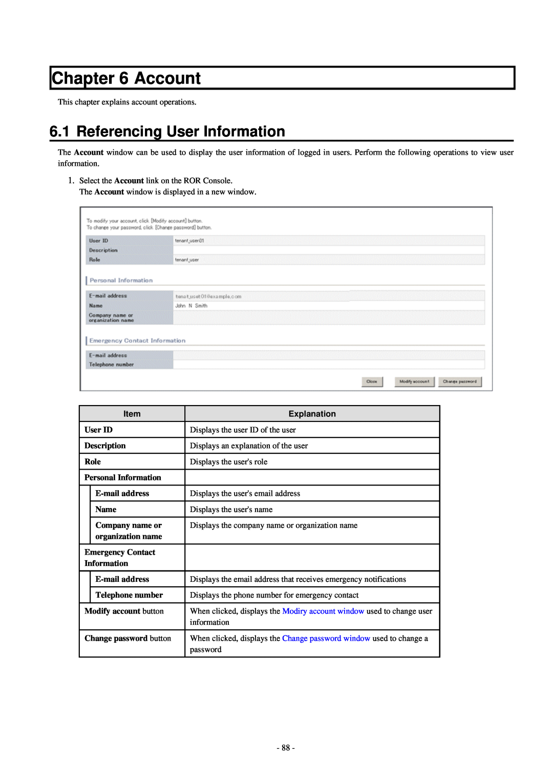 Fujitsu V3.0.0 Account, Referencing User Information, Explanation, User ID, Displays the user ID of the user, Description 