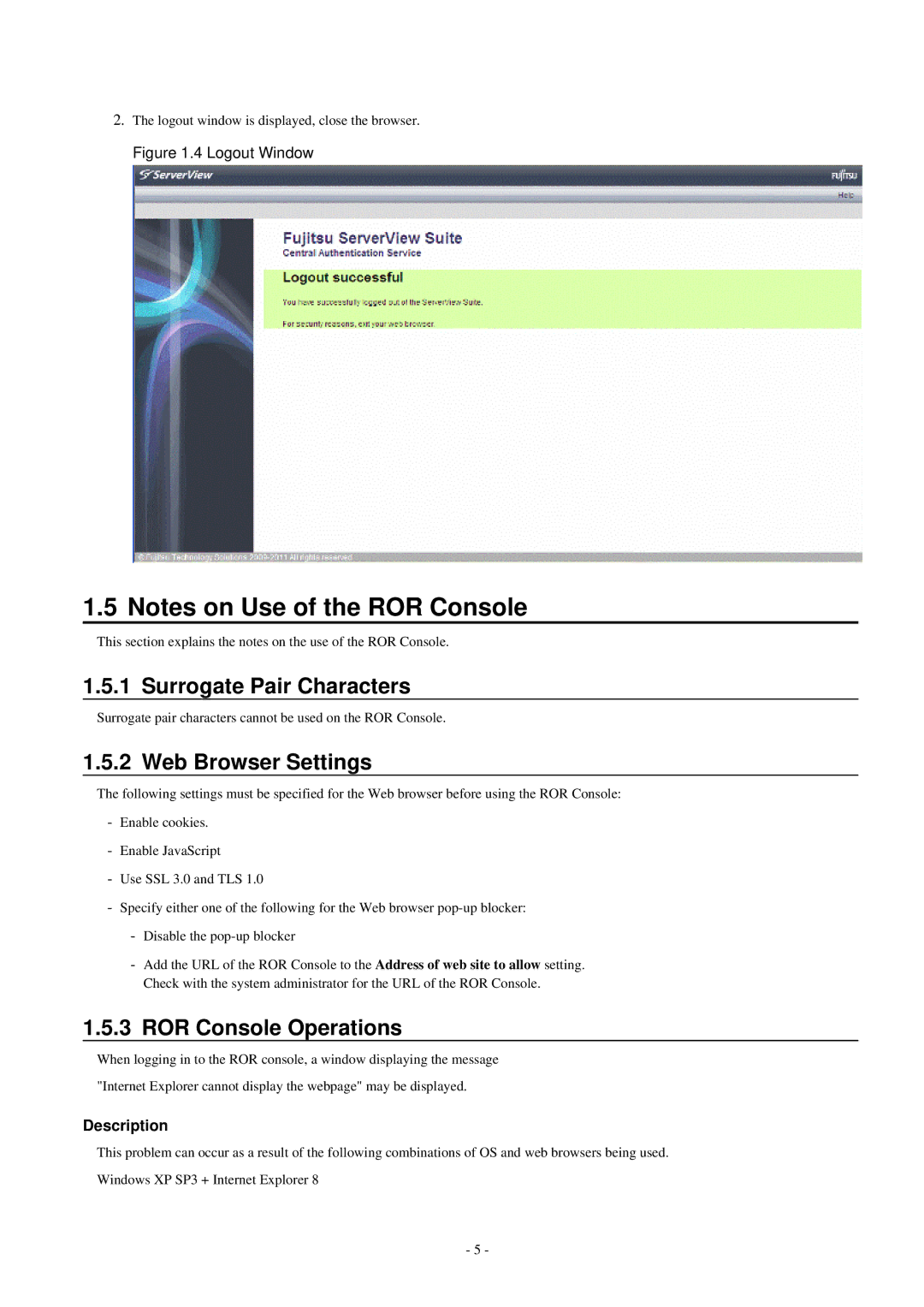 Fujitsu V3.0.0 manual Surrogate Pair Characters, Web Browser Settings, ROR Console Operations, Description 