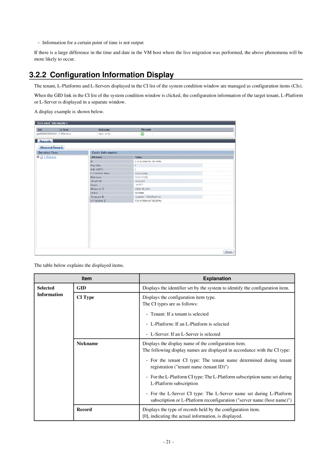 Fujitsu V3.0.0 manual Configuration Information Display, Selected, Information CI Type 