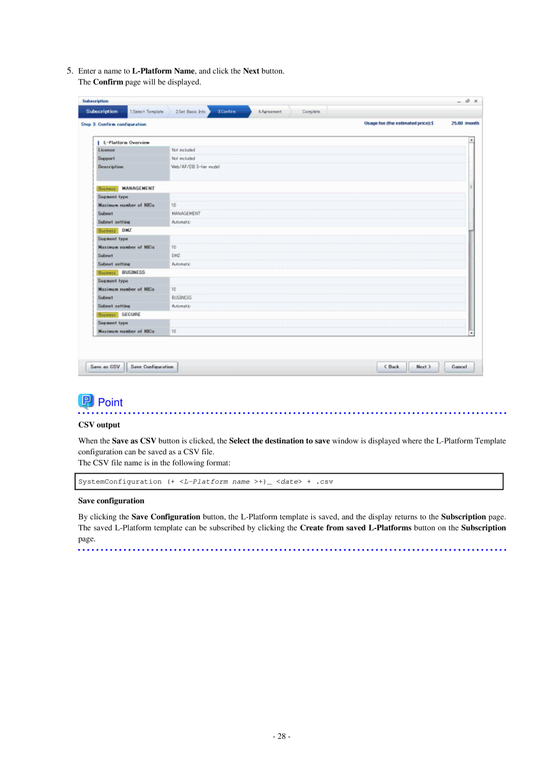 Fujitsu V3.0.0 manual CSV output, Save configuration 