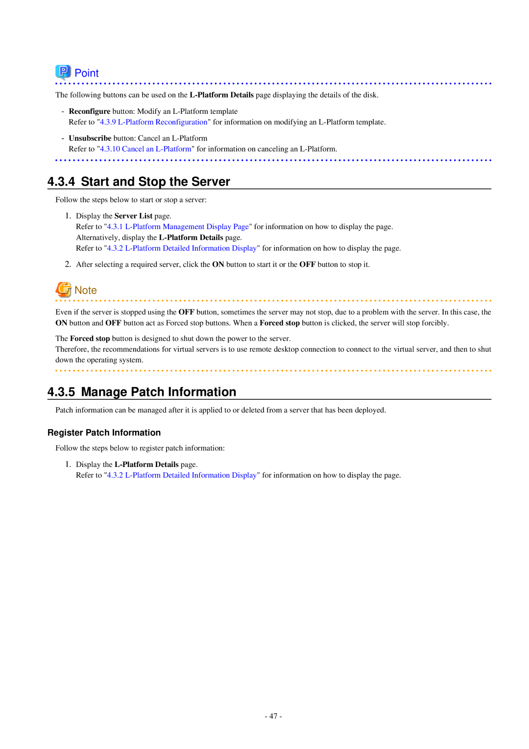 Fujitsu V3.0.0 manual Start and Stop the Server, Manage Patch Information, Register Patch Information 