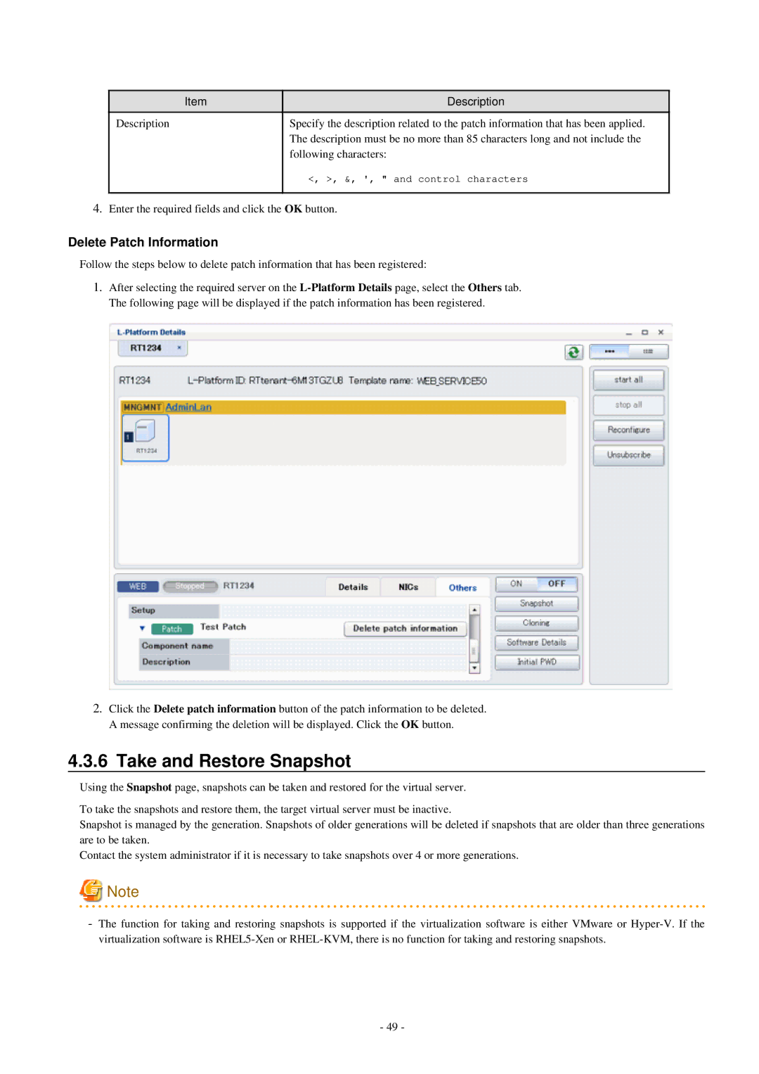 Fujitsu V3.0.0 manual Take and Restore Snapshot, Delete Patch Information 