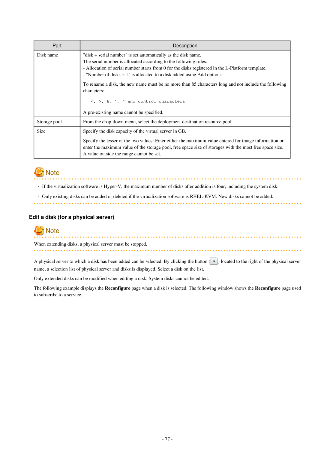 Fujitsu V3.0.0 manual Edit a disk for a physical server 