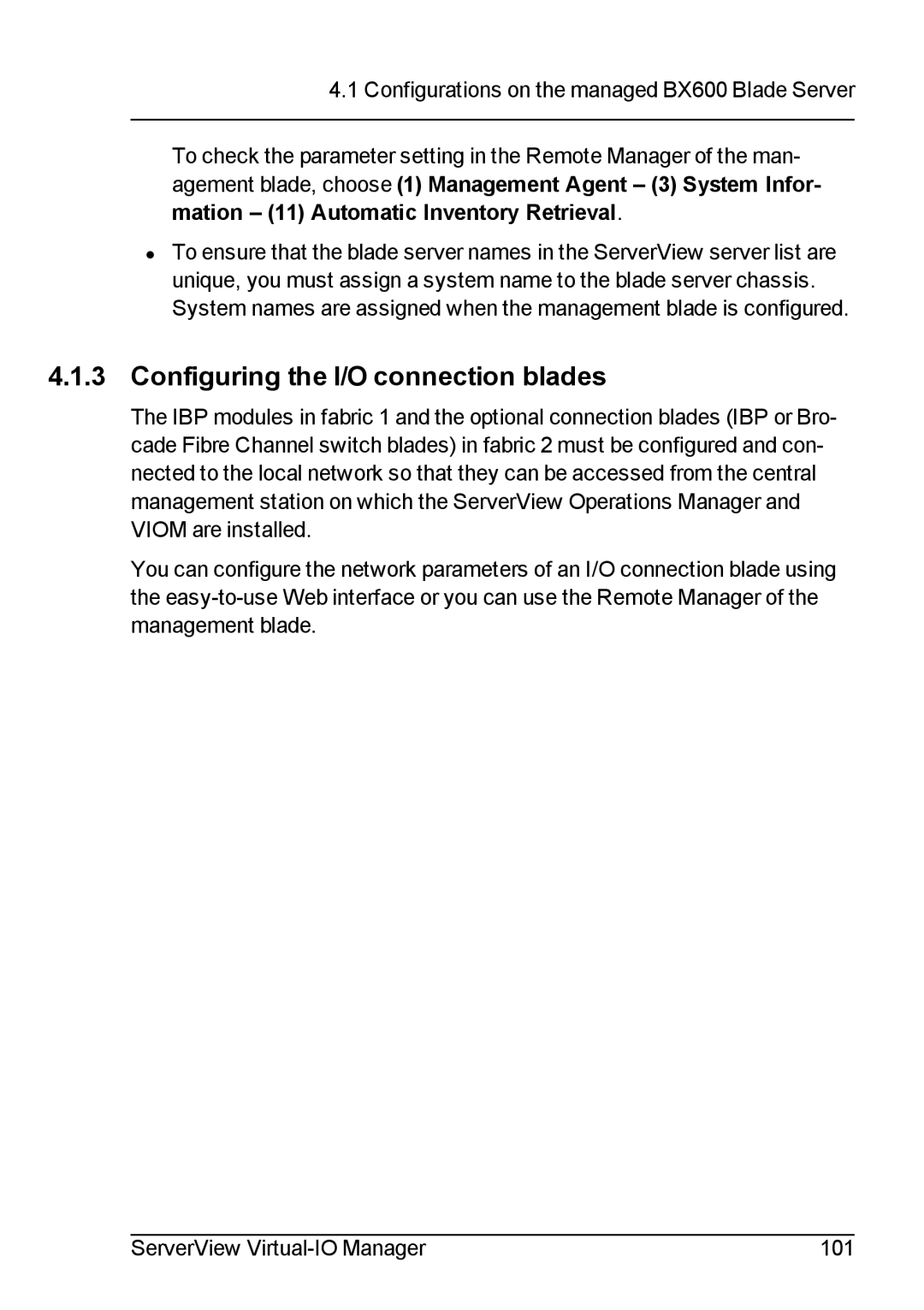 Fujitsu V3.1 manual Configuring the I/O connection blades, Mation 11 Automatic Inventory Retrieval 