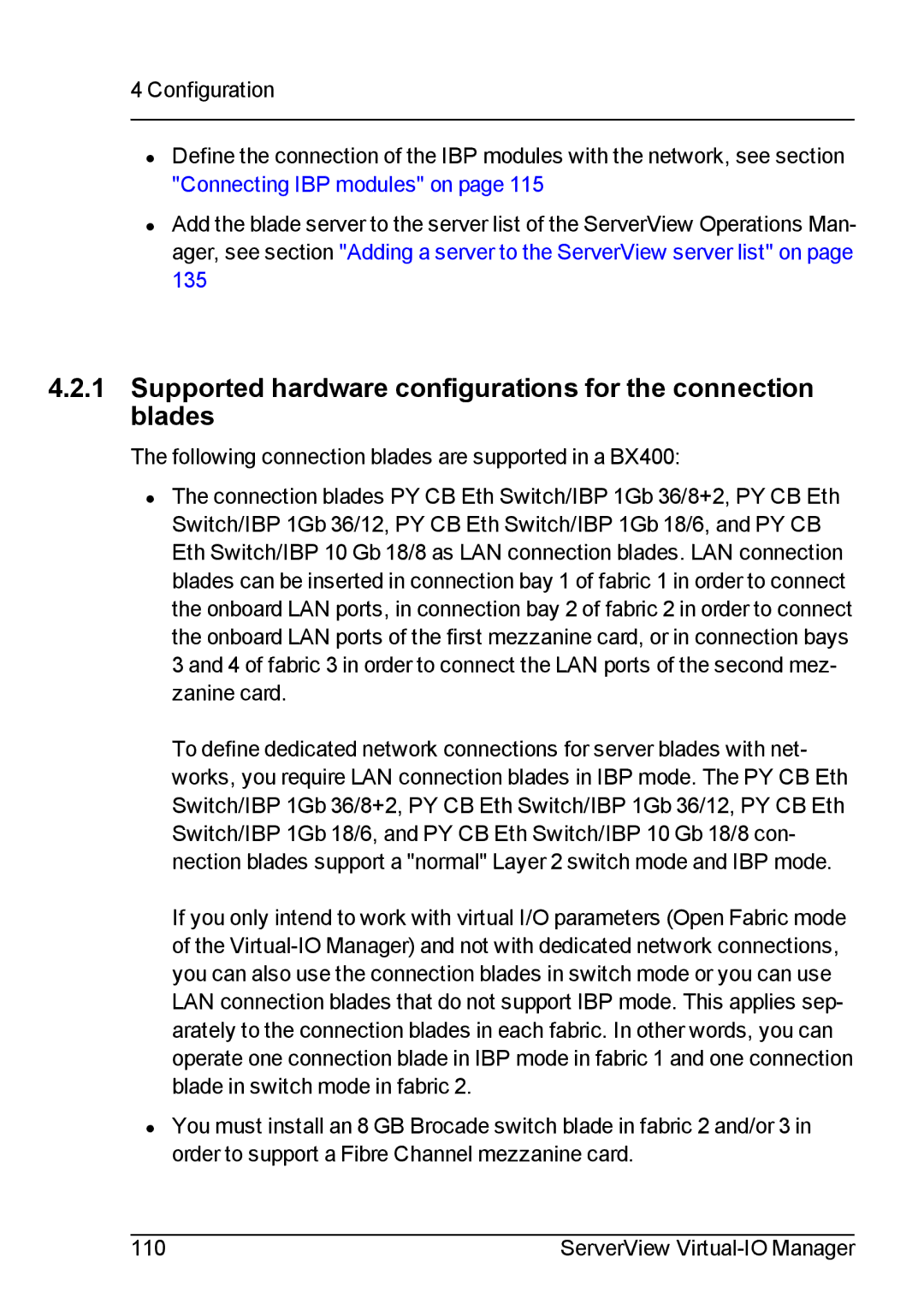 Fujitsu V3.1 manual Supported hardware configurations for the connection blades 